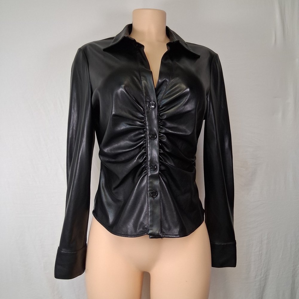 Zara Black Faux Leather Ruched Button-Up Shirt Jacket